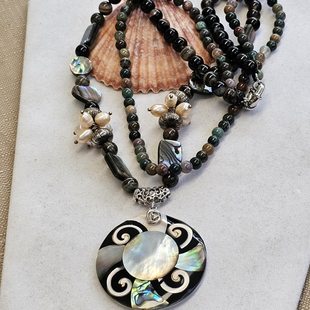 Mother of Pearl Gemstone and Abalone Bead Double-Strand Necklace with Pearls